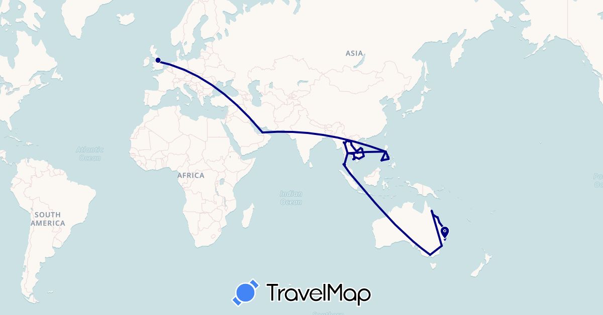 TravelMap itinerary: driving in United Arab Emirates, Australia, United Kingdom, Cambodia, Laos, Malaysia, Philippines, Thailand, Vietnam (Asia, Europe, Oceania)